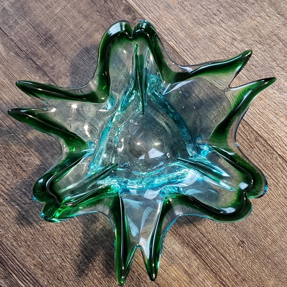 Vintage Handblown Green & Blue Glass Art Deco Mid-Century Modern Ashtray Bowl - Picture 3 of 12